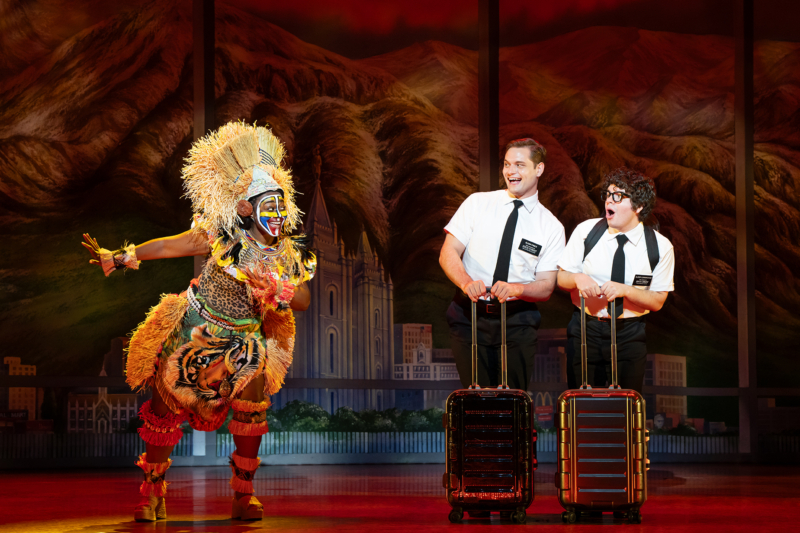 (L-R) Jewell Noel, Sam McLellan, and Diego Enrico in THE BOOK OF MORMON North American tour Photo by Julieta Cervantes